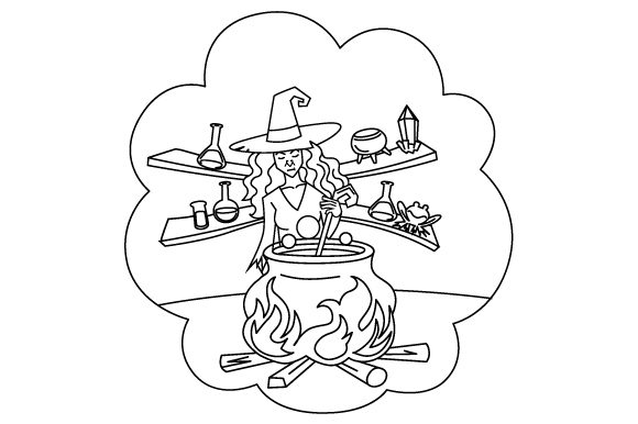 Witch Brewing Potion Coloring Page: A Halloween Crafts Delight